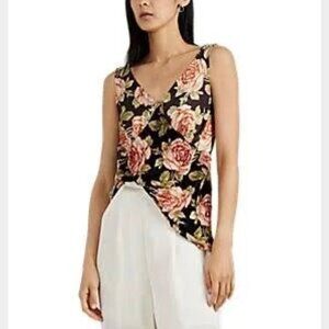 PACO Rabanne - Brown / Pink Multi Silk & Velvet Mixed Media Floral Rose V-Neck